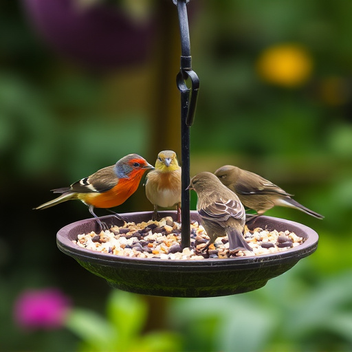 Garden birds feeding on seed tray