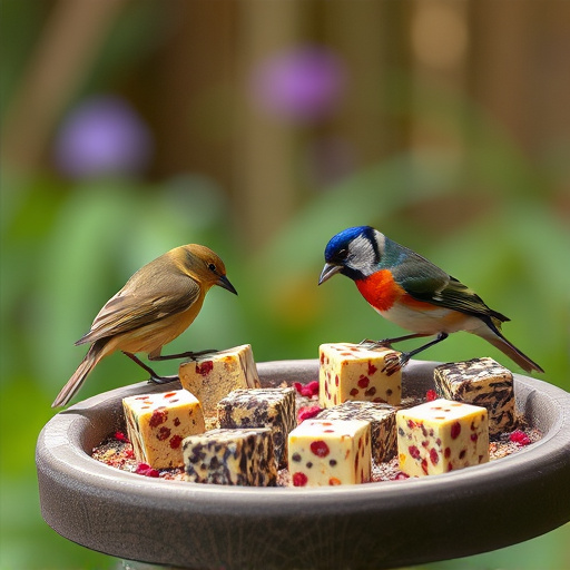 Garden birds feeding on suet cubes