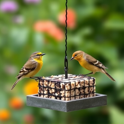 Garden birds feeding on suet cubes