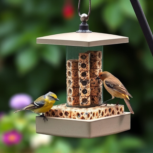 Garden birds feeding on suet cubes