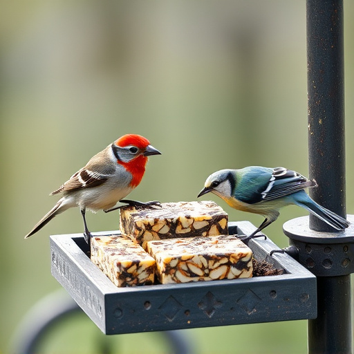 Garden birds feeding on suet cubes