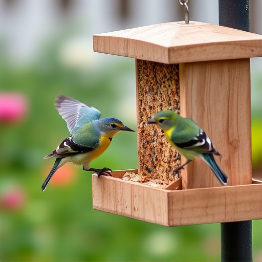 Garden birds feeding on suet cubes