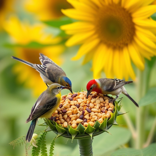 Garden birds feeding on sunflower seeds