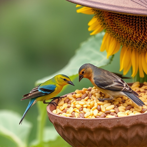 Garden birds feeding on sunflower seeds