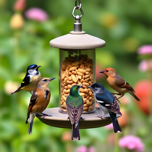 Garden birds gathered around peanut feeder