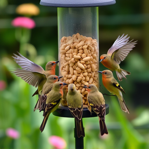 Garden birds gathered around peanut feeder