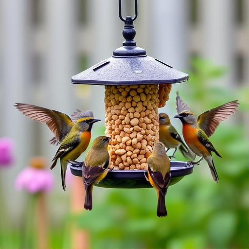 Garden birds gathered around peanut feeder