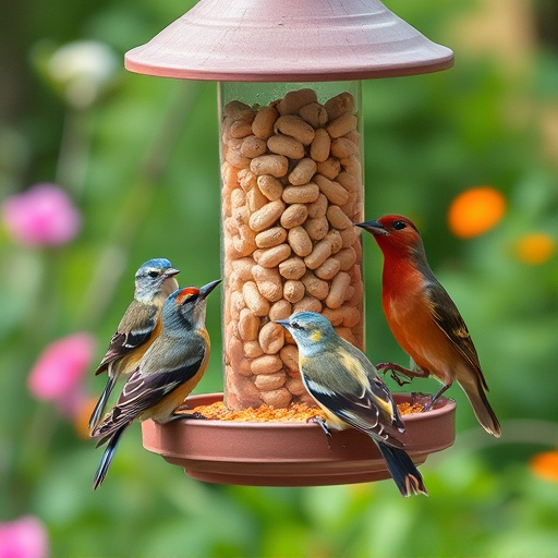 Garden birds gathered around peanut feeder