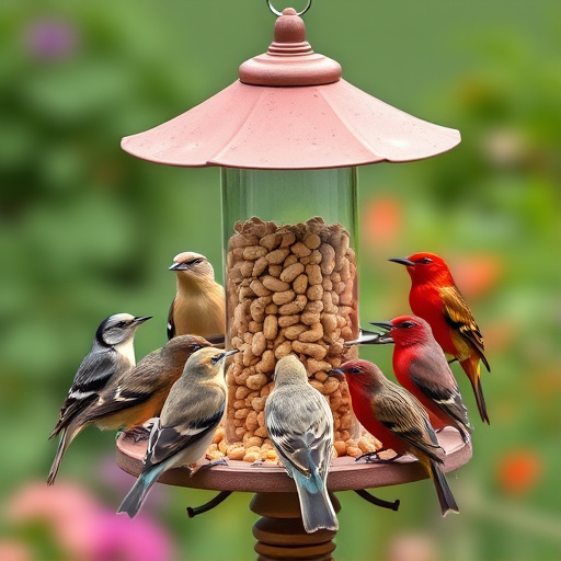 Garden birds gathered around peanut feeder