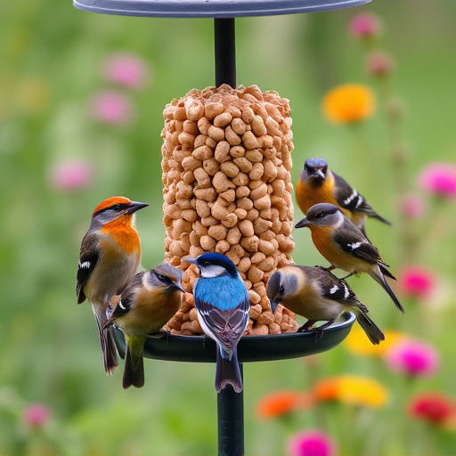 Garden birds gathered around peanut feeder