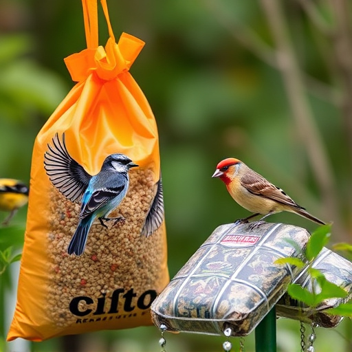 Garden birds near bulk seed bag
