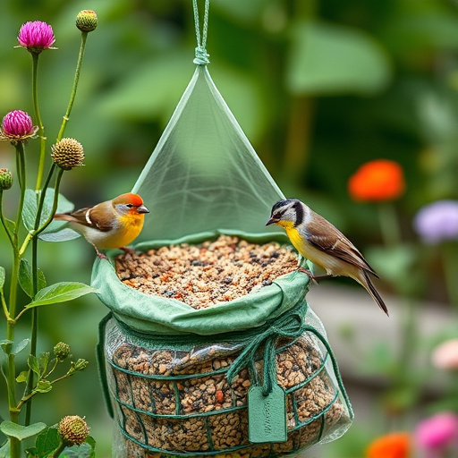 Garden birds near bulk seed bag
