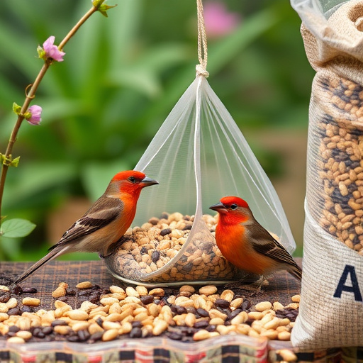 Garden birds near bulk seed bag