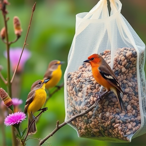 Garden birds near bulk seed bag