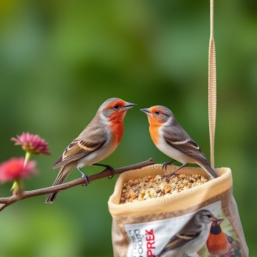 Garden birds near bulk seed bag