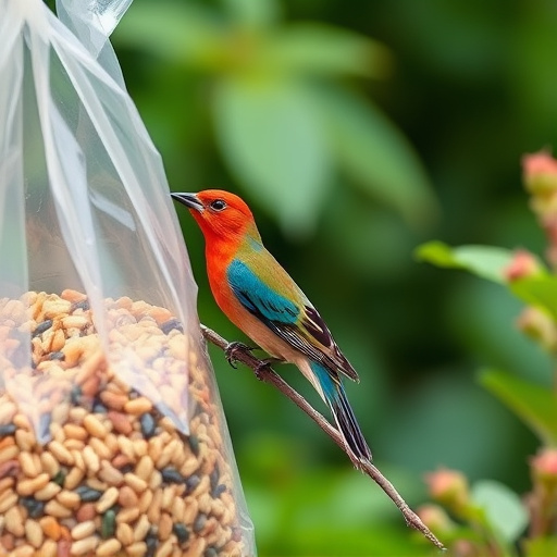 Garden birds near bulk seed bag