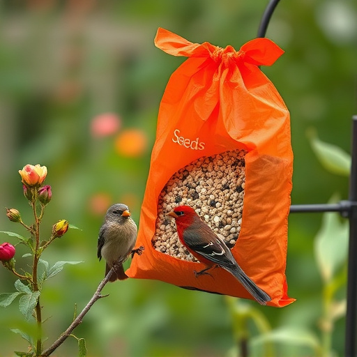 Garden birds near bulk seed bag