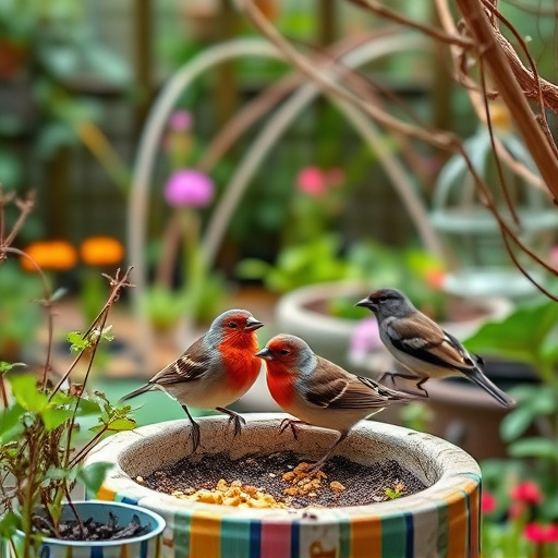 Garden birds near freshly delivered food