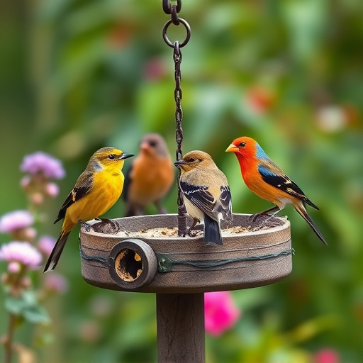 Garden birds on spacious bird table