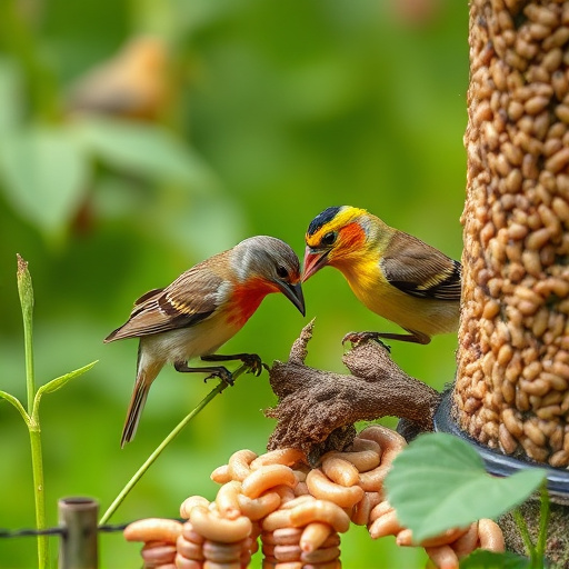 Garden birds pecking at mealworm mix