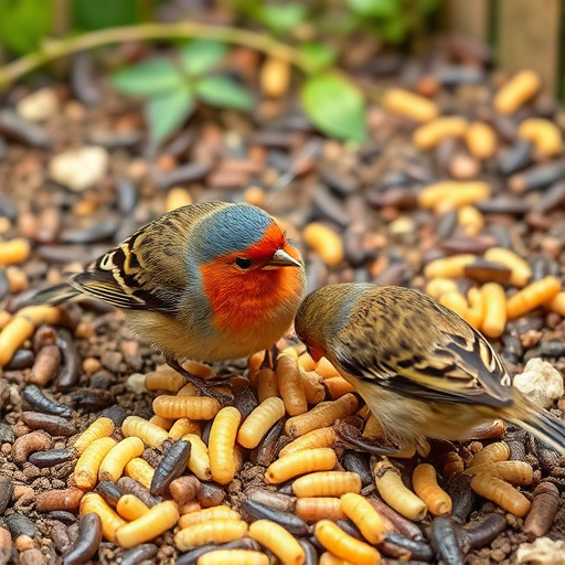Garden birds pecking at mealworm mix