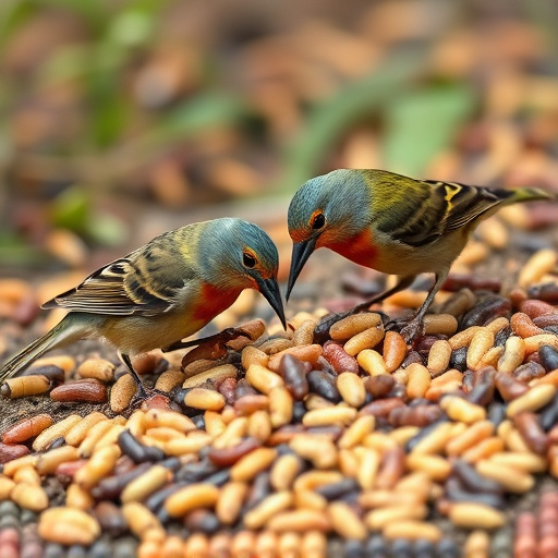 Garden birds pecking at mealworm mix