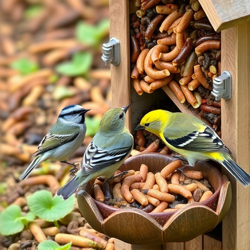 Garden birds pecking at mealworm mix