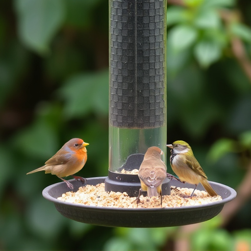 Garden birds perching on feeder tray