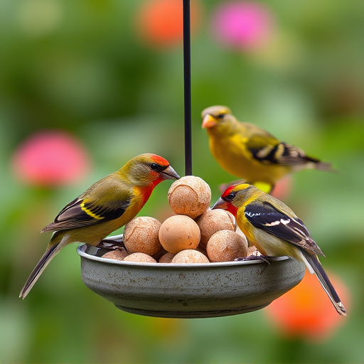 Garden birds sharing fat balls in feeder
