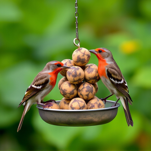 Garden birds sharing fat balls in feeder