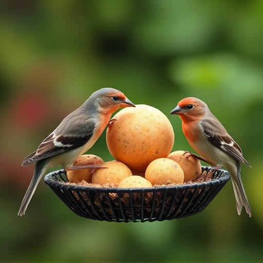 Garden birds sharing fat balls in feeder