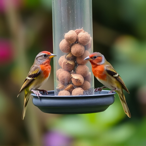Garden birds sharing fat balls in feeder
