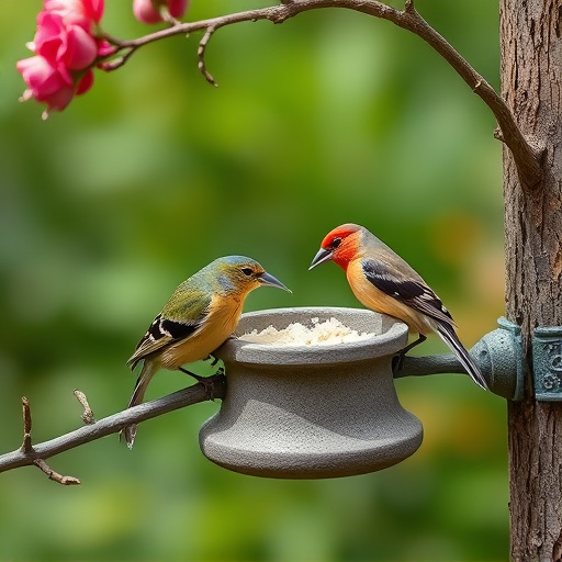 Garden birds sharing suet block holder