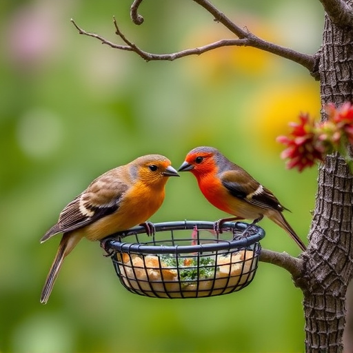 Garden birds sharing suet block holder