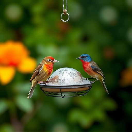 Garden birds sharing suet block holder