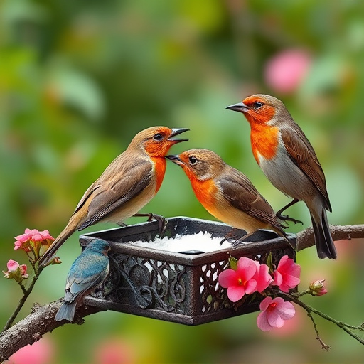 Garden birds sharing suet block holder