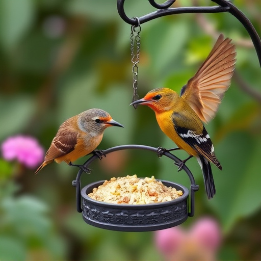 Garden birds sharing suet block holder