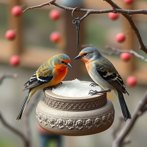 Garden birds sharing suet block holder