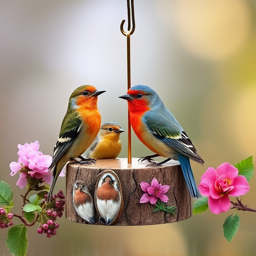 Garden birds sharing suet block holder