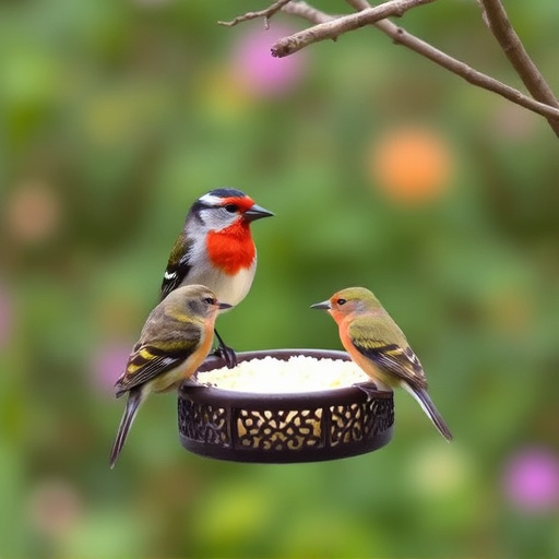 Garden birds sharing suet block holder
