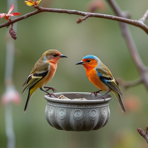 Garden birds sharing suet block holder