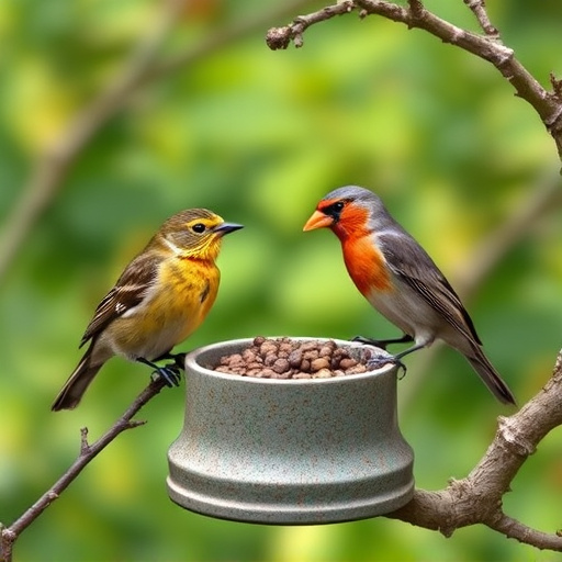 Garden birds sharing suet block holder