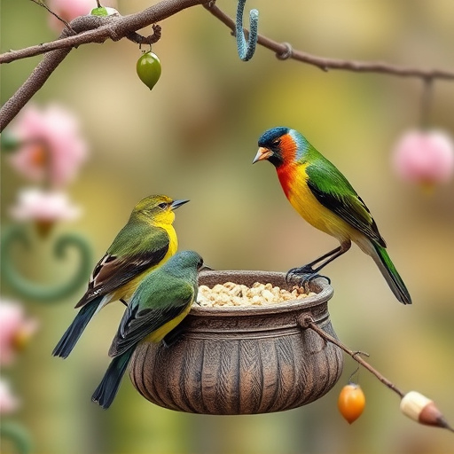 Garden birds sharing suet block holder