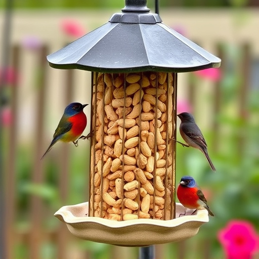 Garden feeder filled with bird peanuts