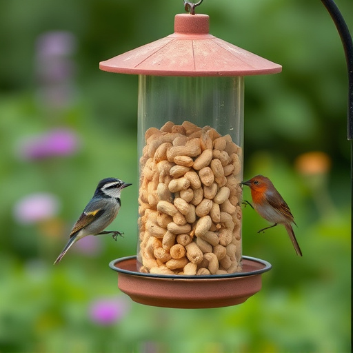 Garden feeder filled with bird peanuts