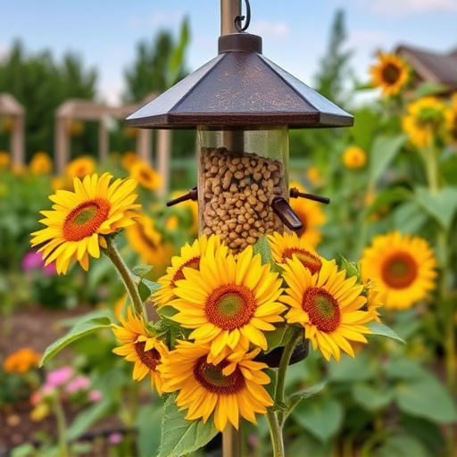 Garden feeding station filled with sunflower hearts