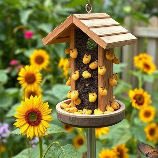 Garden feeding station filled with sunflower hearts