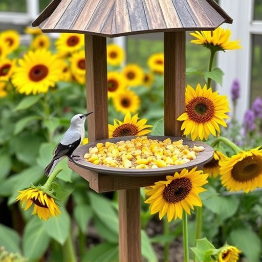 Garden feeding station filled with sunflower hearts