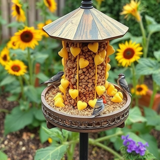 Garden feeding station filled with sunflower hearts