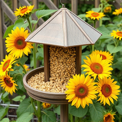 Garden feeding station filled with sunflower hearts